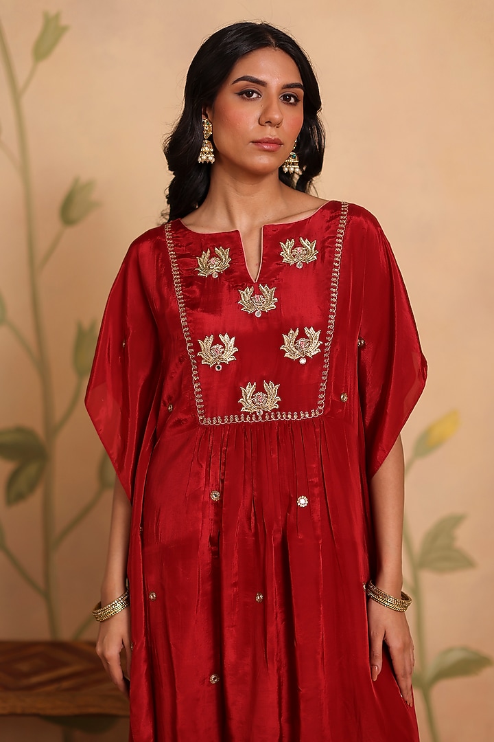 Red Habutai Silk MIrror Embroidered Kaftan Set by Pouli at Pernia's Pop Up Shop