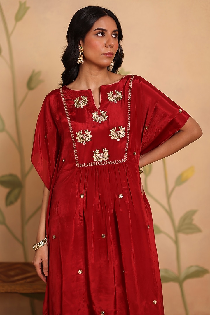 Red Habutai Silk MIrror Embroidered Kaftan Set by Pouli at Pernia's Pop Up Shop