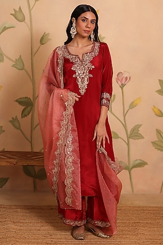 Maroon Habutai Silk Zari Embroidered Kurta Set by Pouli