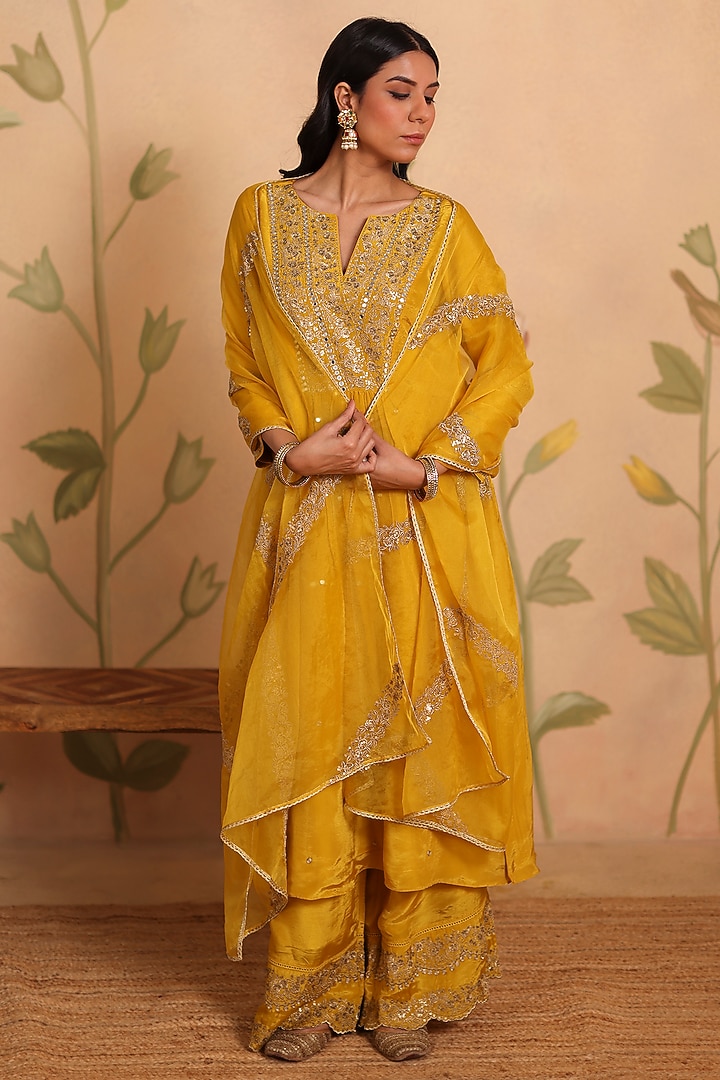Yellow Habutai Silk Mirror & Sequin Embroidered Kurta Set by Pouli at Pernia's Pop Up Shop