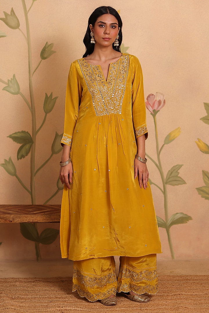 Yellow Habutai Silk Mirror & Sequin Embroidered Kurta Set by Pouli at Pernia's Pop Up Shop