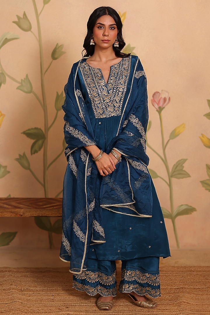 Teal Blue Habutai Silk Mirror & Sequin Embroidered Kurta Set by Pouli at Pernia's Pop Up Shop