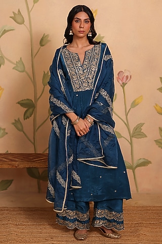 Teal Blue Habutai Silk Mirror & Sequin Embroidered Kurta Set by Pouli