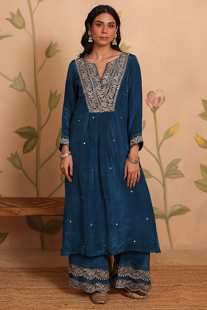 Teal Blue Habutai Silk Mirror & Sequin Embroidered Kurta Set by Pouli at Pernia's Pop Up Shop