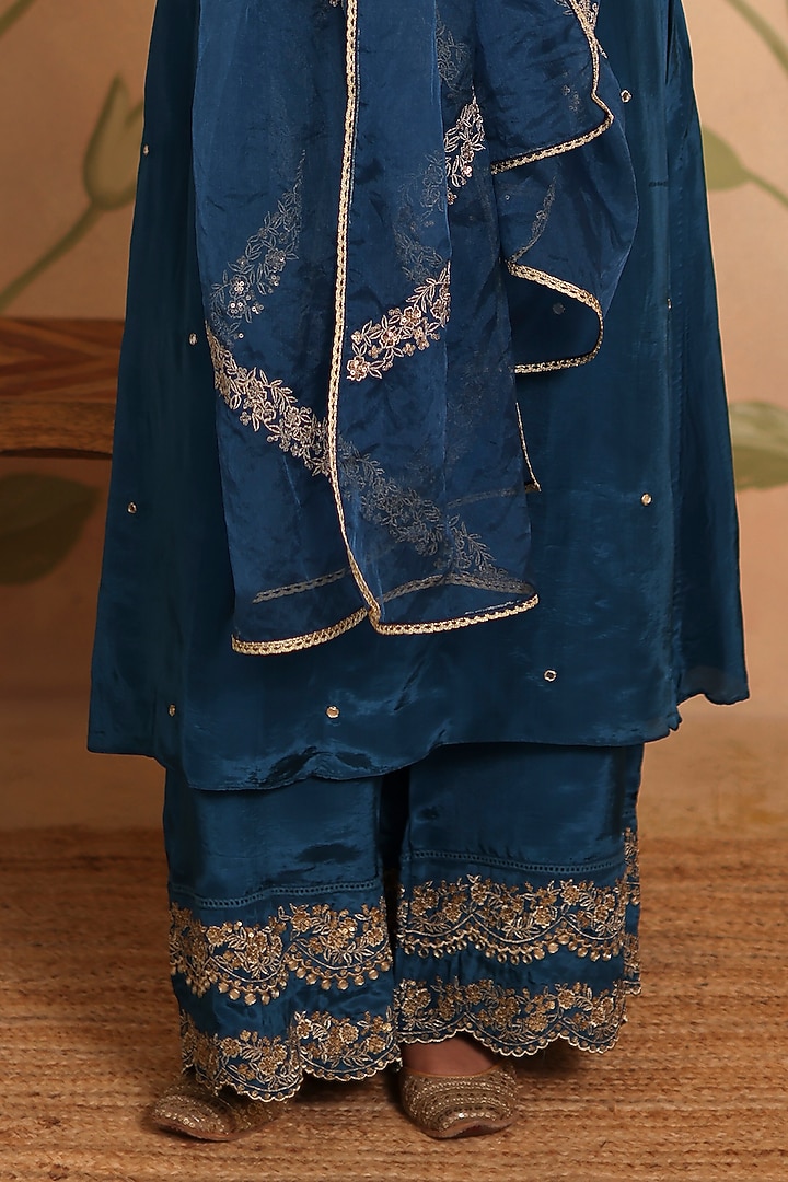 Teal Blue Habutai Silk Mirror & Sequin Embroidered Kurta Set by Pouli at Pernia's Pop Up Shop