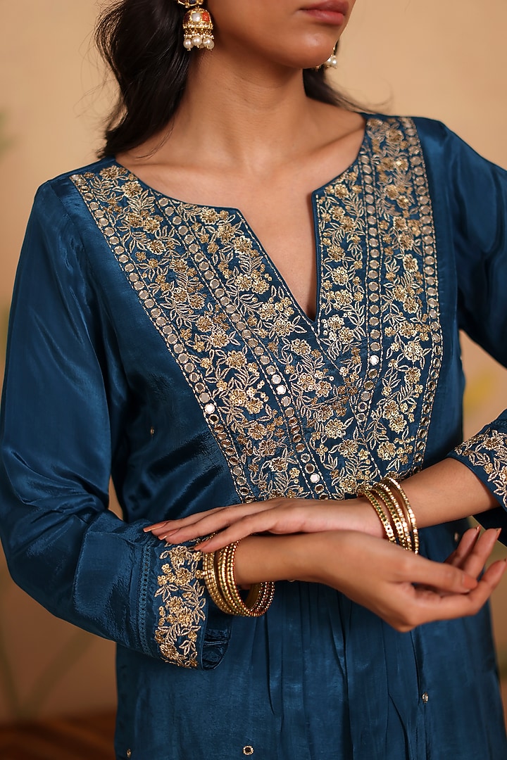 Teal Blue Habutai Silk Mirror & Sequin Embroidered Kurta Set by Pouli at Pernia's Pop Up Shop