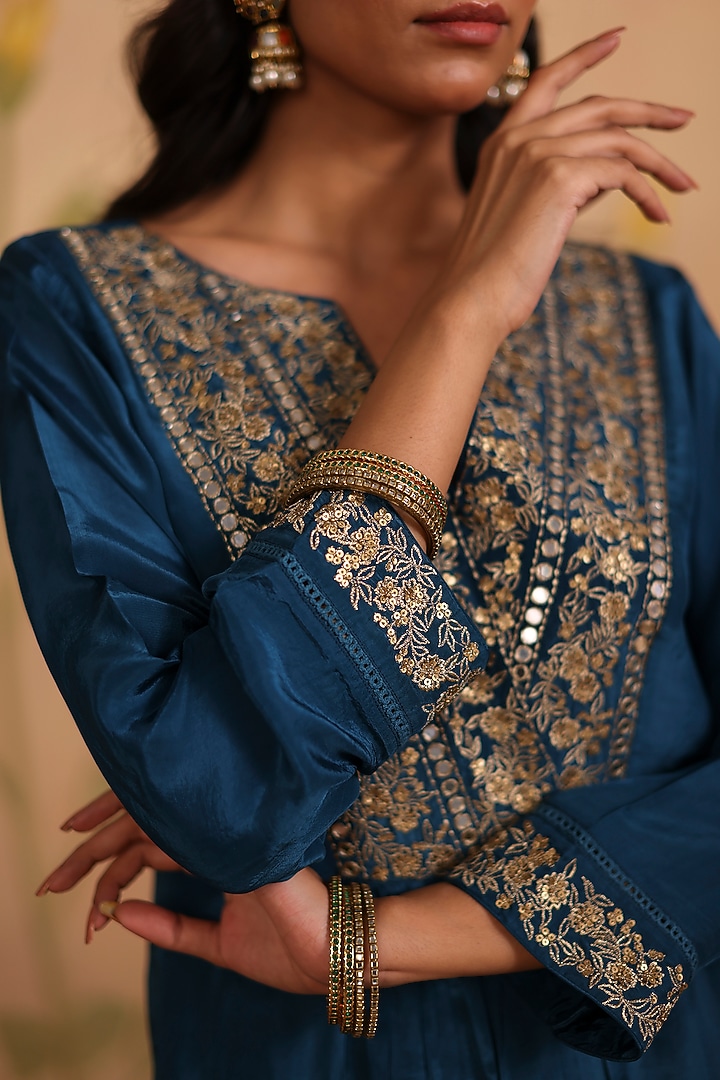 Teal Blue Habutai Silk Mirror & Sequin Embroidered Kurta Set by Pouli at Pernia's Pop Up Shop