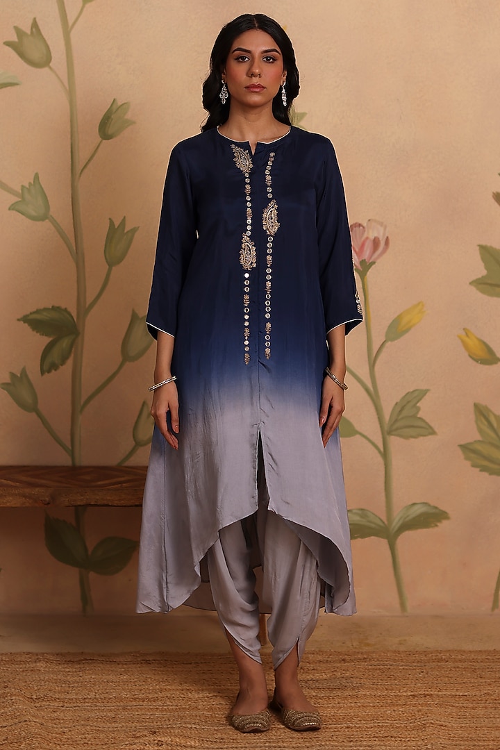 Blue Ombre Habutai Silk Zari Embroidered Kurta Set by Pouli at Pernia's Pop Up Shop