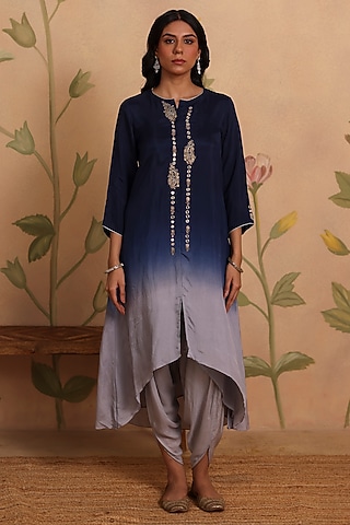 Blue Ombre Habutai Silk Zari Embroidered Kurta Set by Pouli
