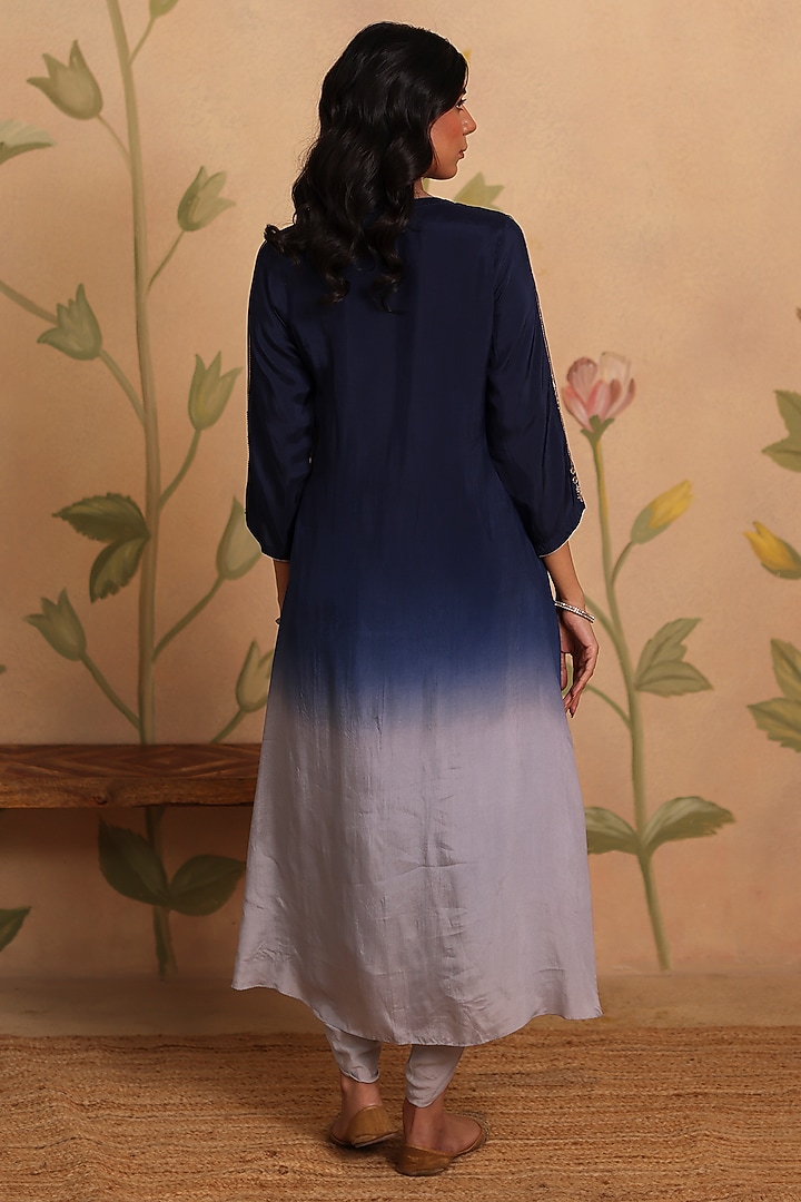 Blue Ombre Habutai Silk Zari Embroidered Kurta Set by Pouli at Pernia's Pop Up Shop