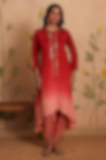 Red Ombre Habutai Silk Zari Embroidered Kurta Set by Pouli at Pernia's Pop Up Shop