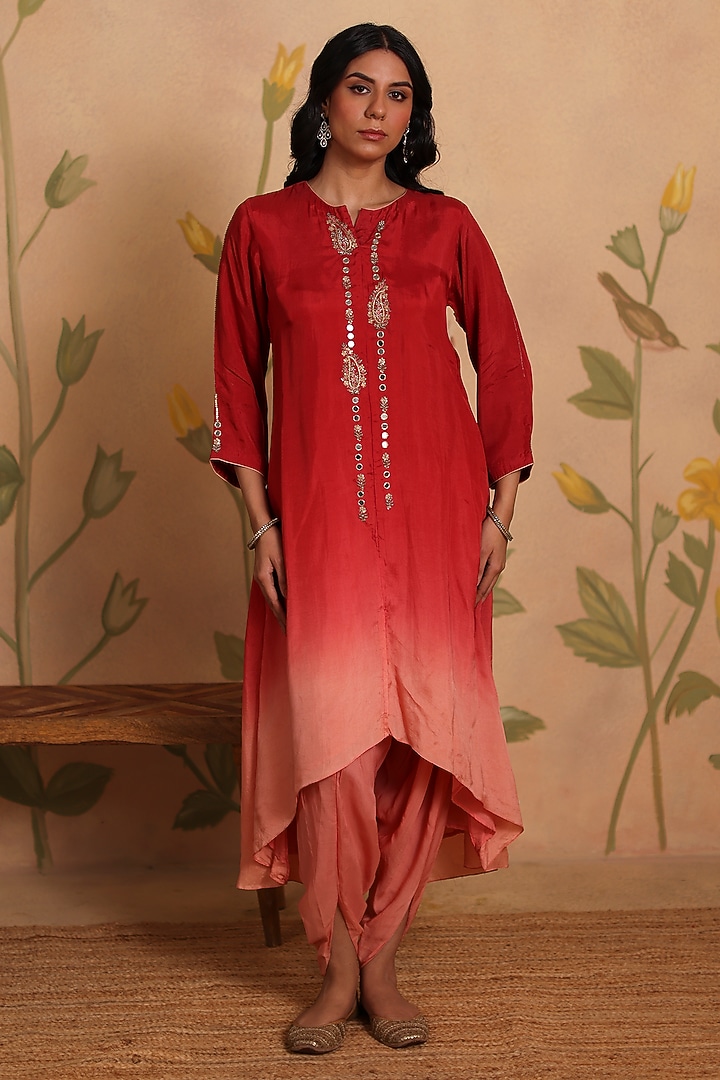 Red Ombre Habutai Silk Zari Embroidered Kurta Set by Pouli at Pernia's Pop Up Shop