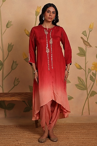 Red Ombre Habutai Silk Zari Embroidered Kurta Set by Pouli