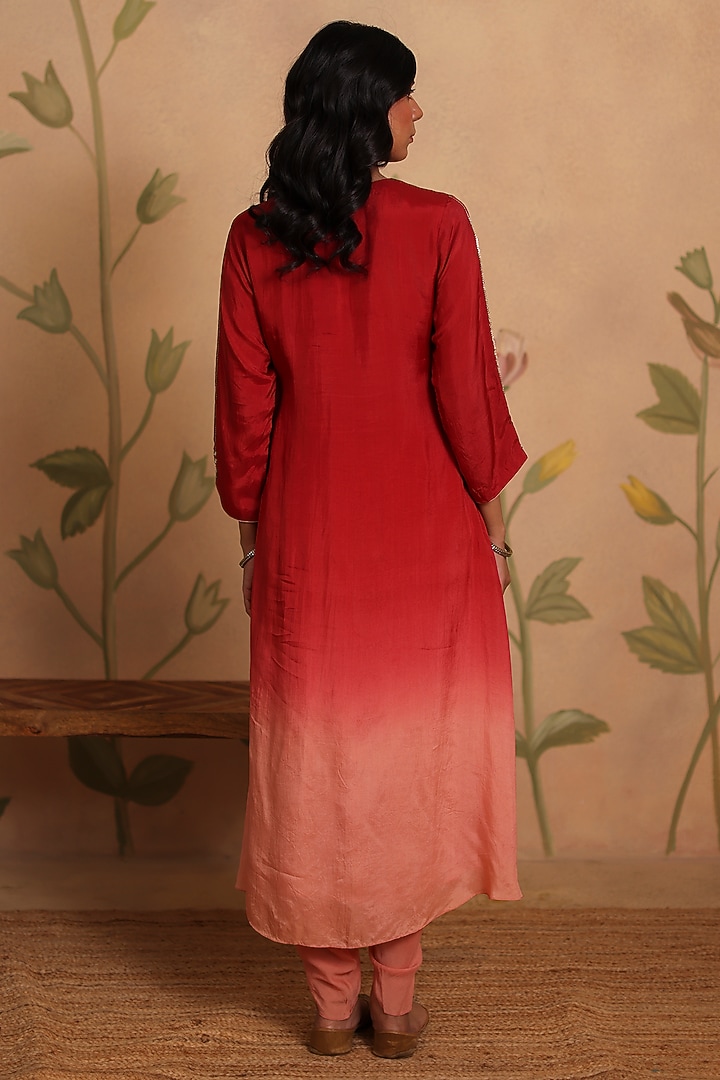 Red Ombre Habutai Silk Zari Embroidered Kurta Set by Pouli at Pernia's Pop Up Shop
