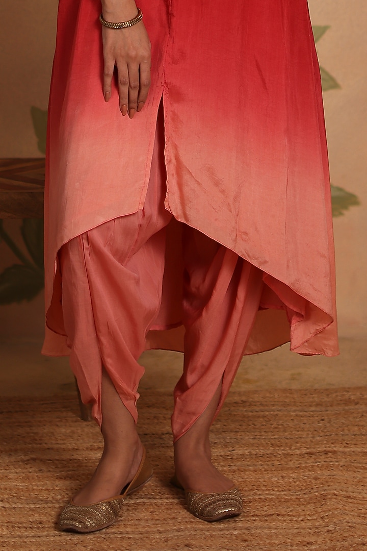 Red Ombre Habutai Silk Zari Embroidered Kurta Set by Pouli at Pernia's Pop Up Shop