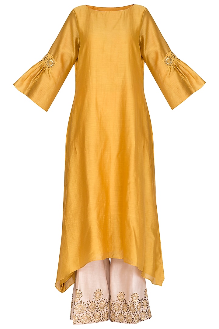 Yellow Embroidered Kurta With Pants by POULI