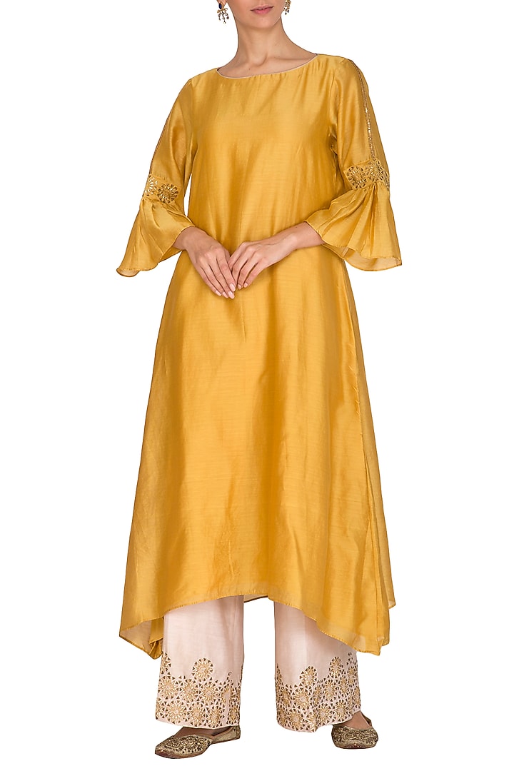 Yellow Embroidered Kurta With Pants by POULI at Pernia's Pop Up Shop