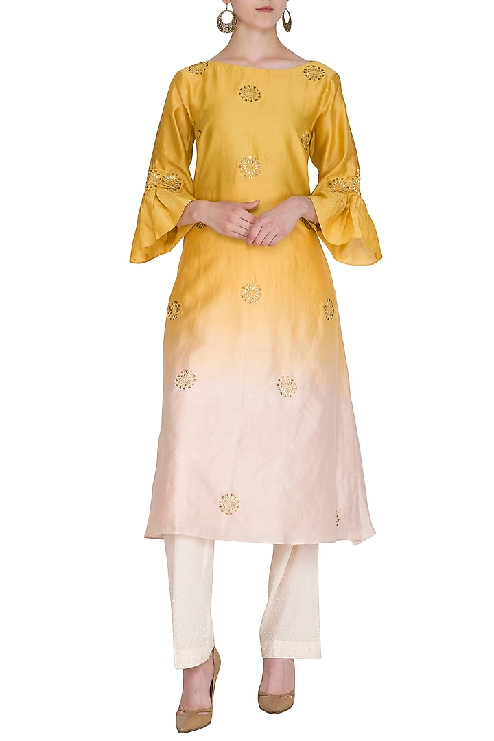 Yellow Embroidered Ombre Kurta by POULI at Pernia's Pop Up Shop
