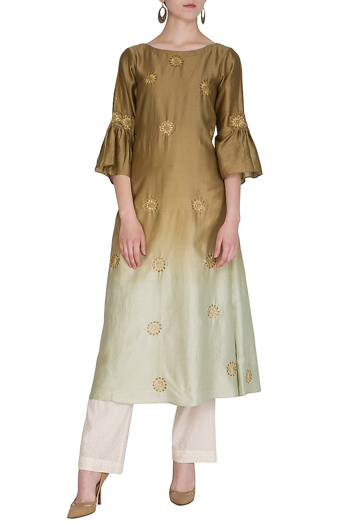 Olive Green Embroidered Ombre Kurta by POULI at Pernia's Pop Up Shop