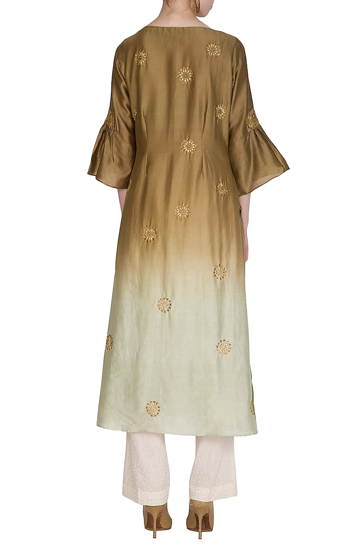 Olive Green Embroidered Ombre Kurta by POULI at Pernia's Pop Up Shop