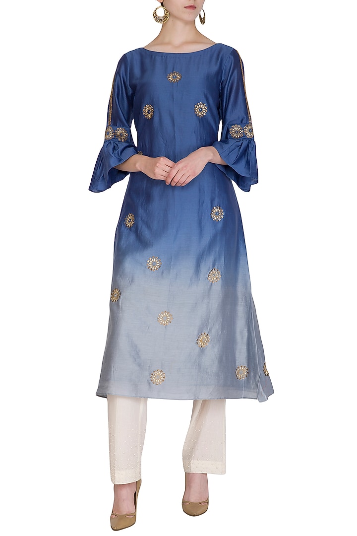 Deep Blue Embroidered Ombre Kurta by POULI at Pernia's Pop Up Shop