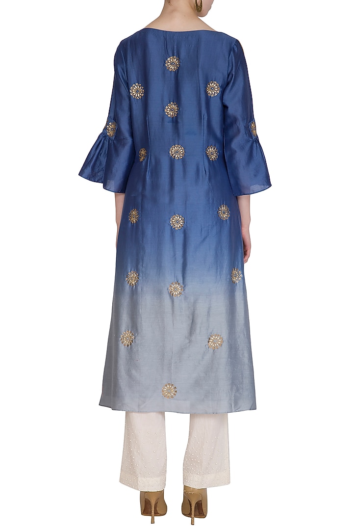 Deep Blue Embroidered Ombre Kurta by POULI at Pernia's Pop Up Shop