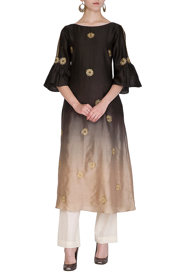 Black Embroidered Ombre Kurta by POULI at Pernia's Pop Up Shop