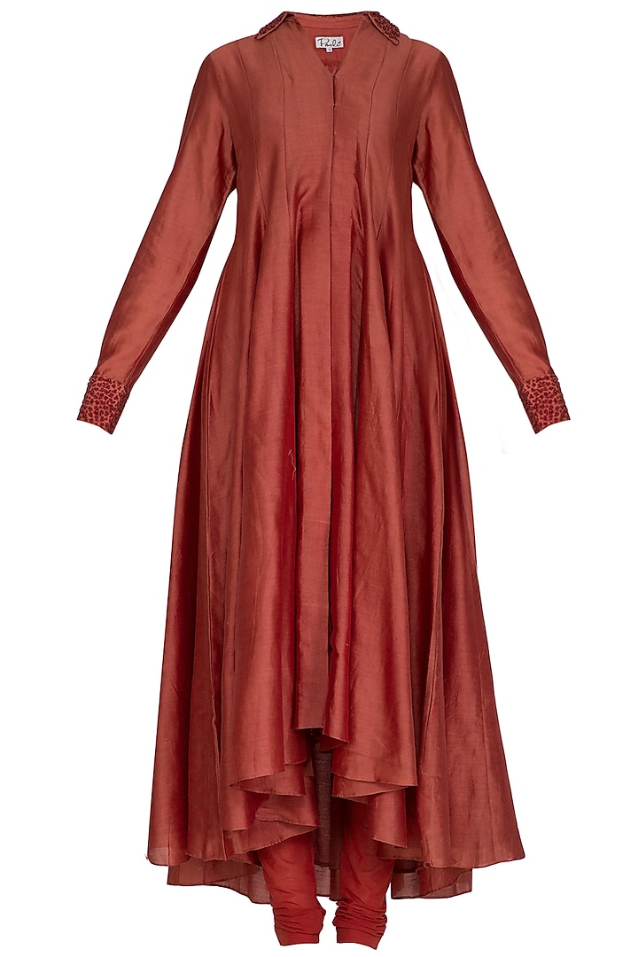 Brick Red Embroidered Kurta With Pants by POULI