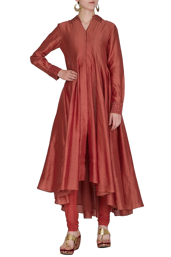 Brick Red Embroidered Kurta With Pants by POULI at Pernia's Pop Up Shop
