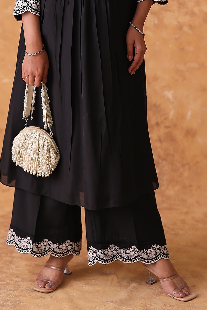 Black Chanderi Embroidered Asymmetric Kurta Set by POULI at Pernia's Pop Up Shop