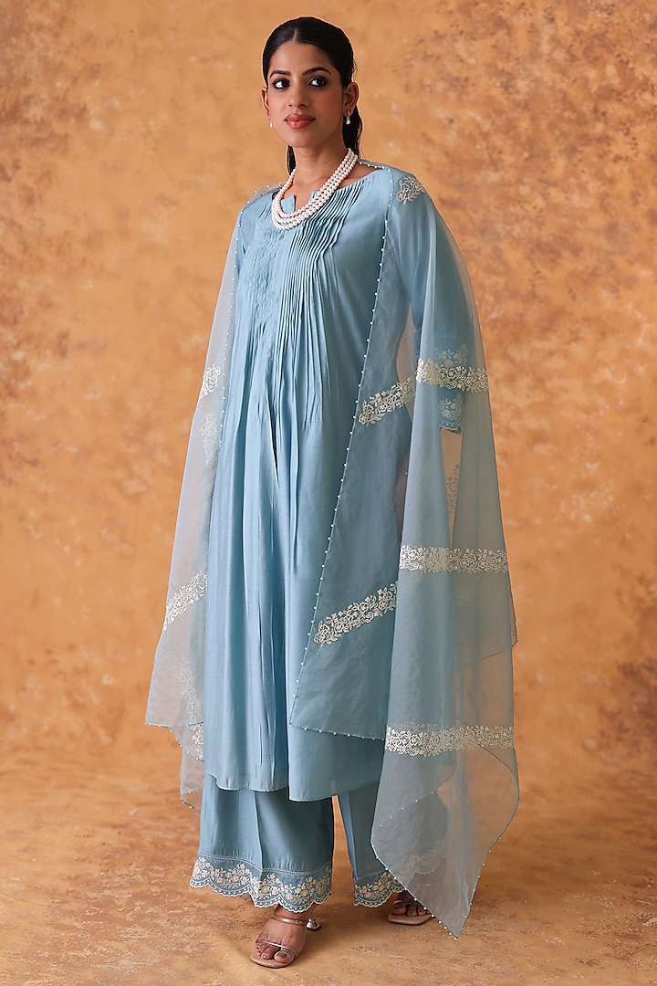 Blue Chanderi Embroidered Asymmetric Kurta Set by POULI at Pernia's Pop Up Shop