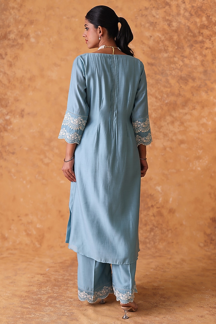 Blue Chanderi Embroidered Asymmetric Kurta Set by POULI at Pernia's Pop Up Shop