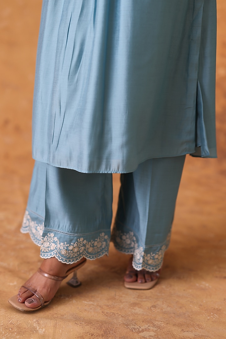 Blue Chanderi Embroidered Asymmetric Kurta Set by POULI at Pernia's Pop Up Shop