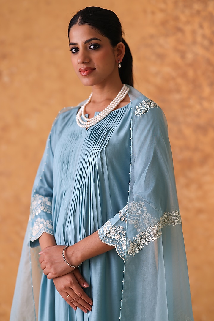 Blue Chanderi Embroidered Asymmetric Kurta Set by POULI at Pernia's Pop Up Shop