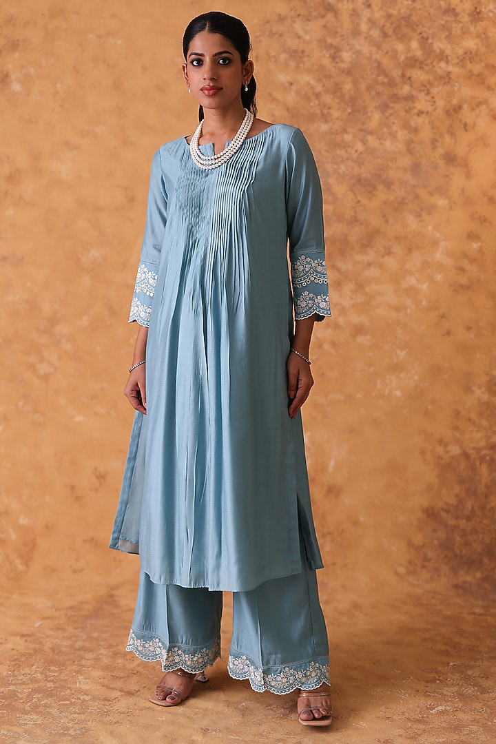 Blue Chanderi Embroidered Asymmetric Kurta Set by POULI at Pernia's Pop Up Shop