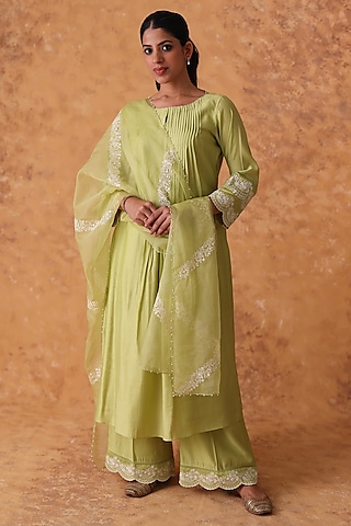 Green Chanderi Embroidered Asymmetric Kurta Set by POULI