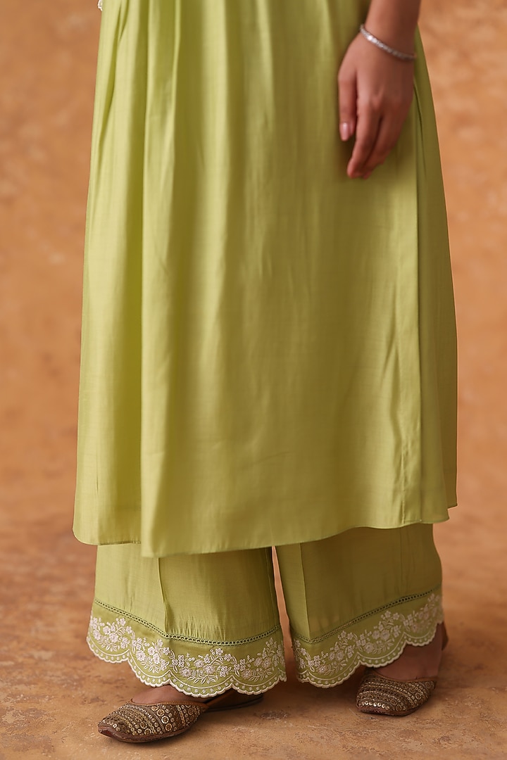 Green Chanderi Embroidered Asymmetric Kurta Set by POULI at Pernia's Pop Up Shop