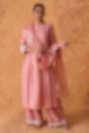 Pink Chanderi Embroidered Asymmetric Kurta Set by POULI at Pernia's Pop Up Shop