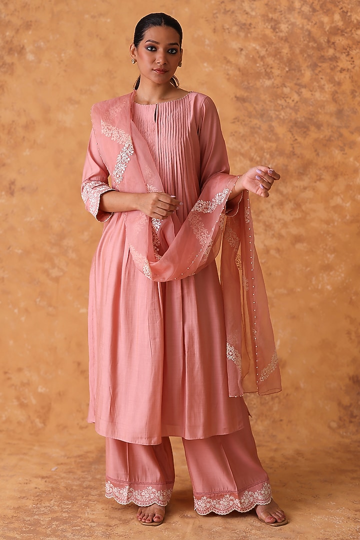 Pink Chanderi Embroidered Asymmetric Kurta Set by POULI at Pernia's Pop Up Shop