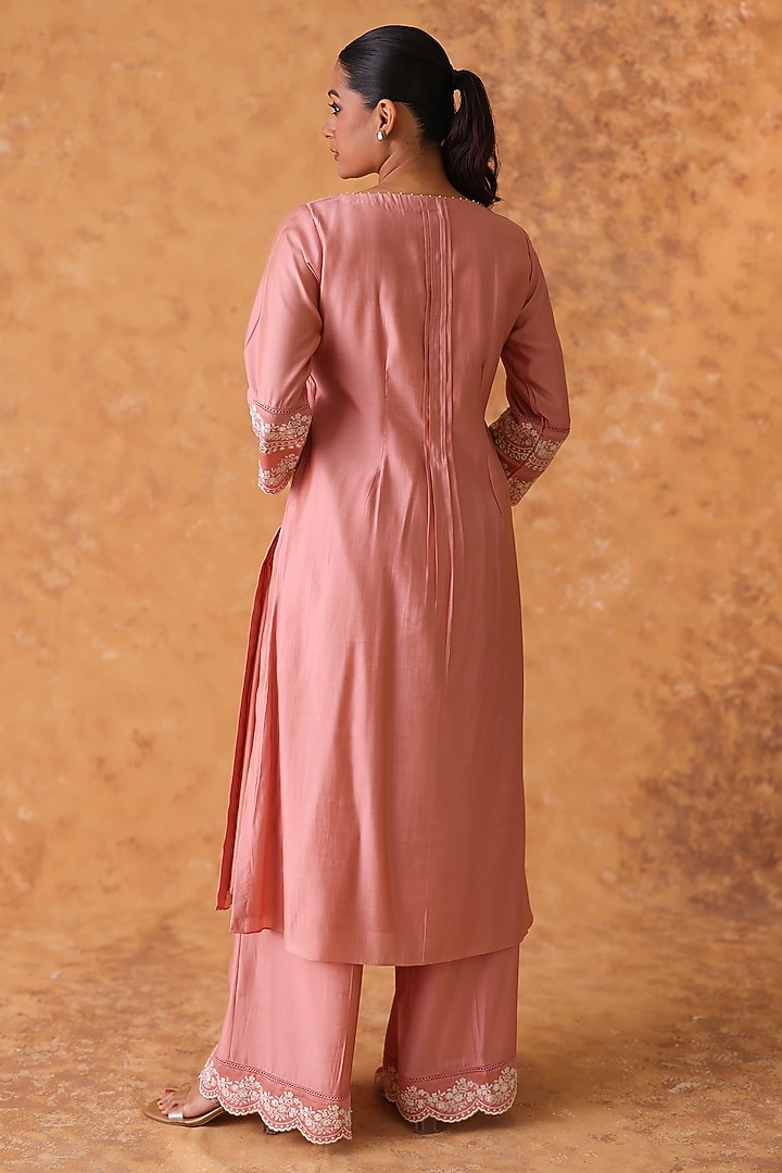 Pink Chanderi Embroidered Asymmetric Kurta Set by POULI at Pernia's Pop Up Shop