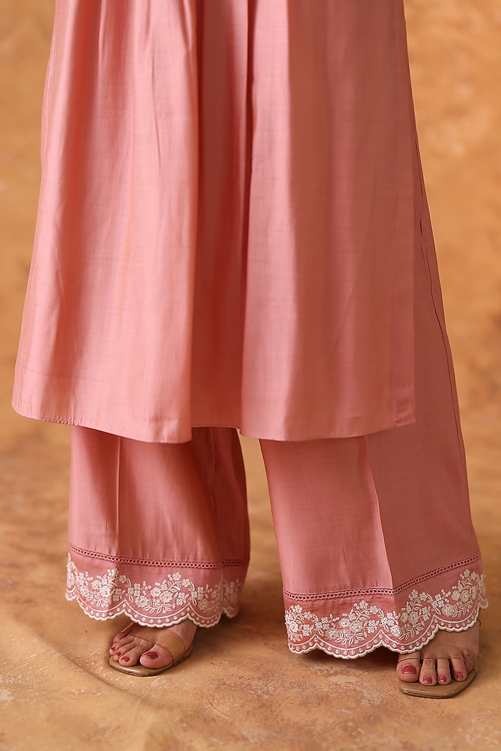 Pink Chanderi Embroidered Asymmetric Kurta Set by POULI at Pernia's Pop Up Shop