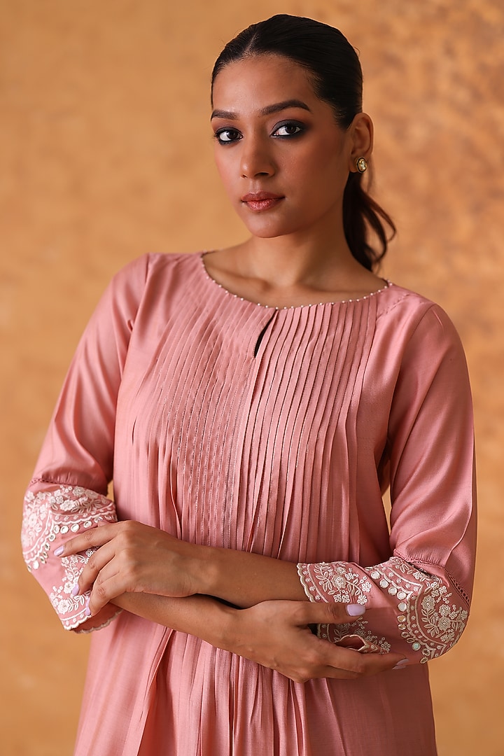 Pink Chanderi Embroidered Asymmetric Kurta Set by POULI at Pernia's Pop Up Shop