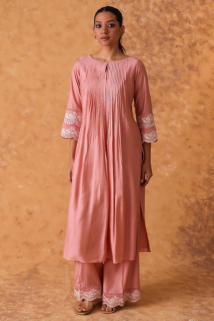 Pink Chanderi Embroidered Asymmetric Kurta Set by POULI at Pernia's Pop Up Shop