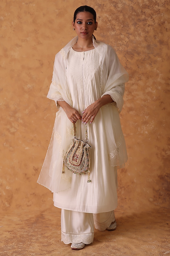 Ivory Chanderi Embroidered Asymmetric Kurta Set by POULI at Pernia's Pop Up Shop