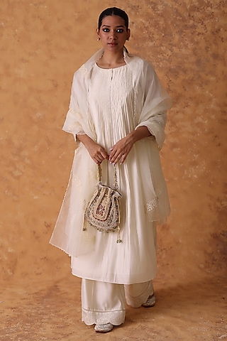 Ivory Chanderi Embroidered Asymmetric Kurta Set by POULI
