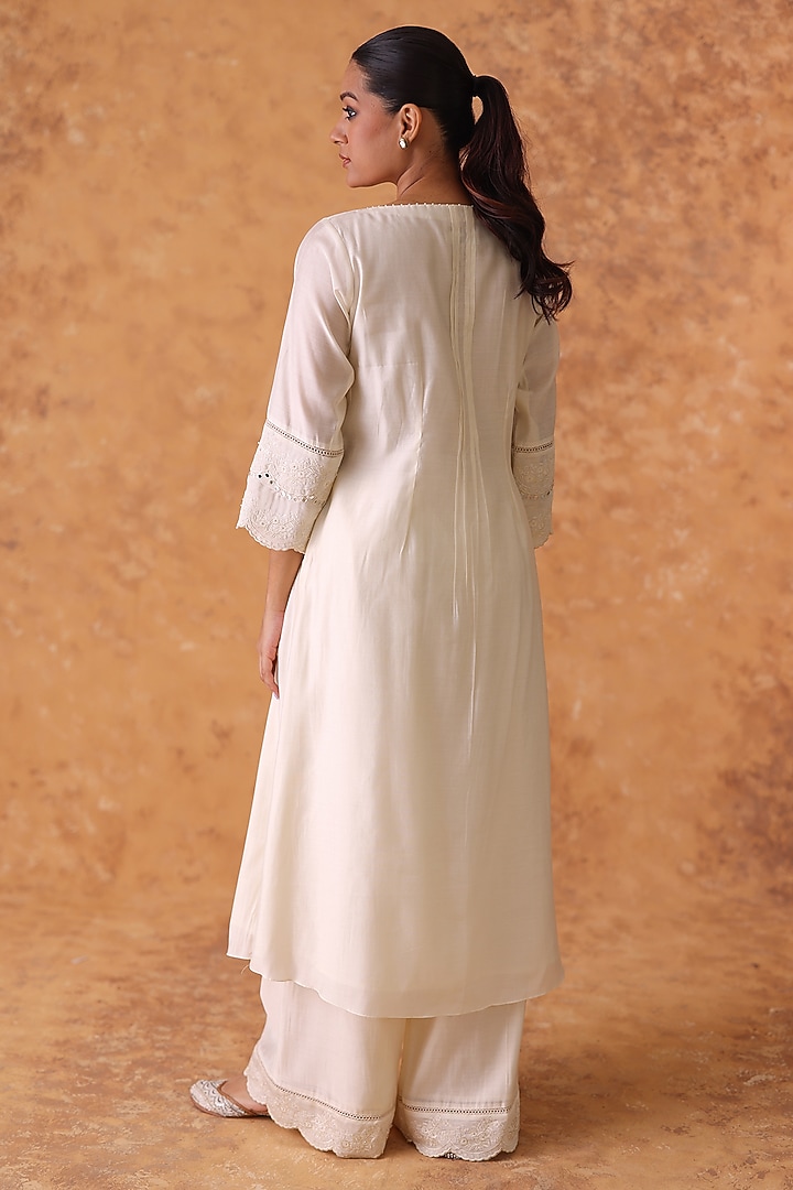 Ivory Chanderi Embroidered Asymmetric Kurta Set by POULI at Pernia's Pop Up Shop