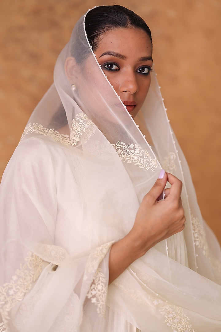 Ivory Chanderi Embroidered Asymmetric Kurta Set by POULI at Pernia's Pop Up Shop