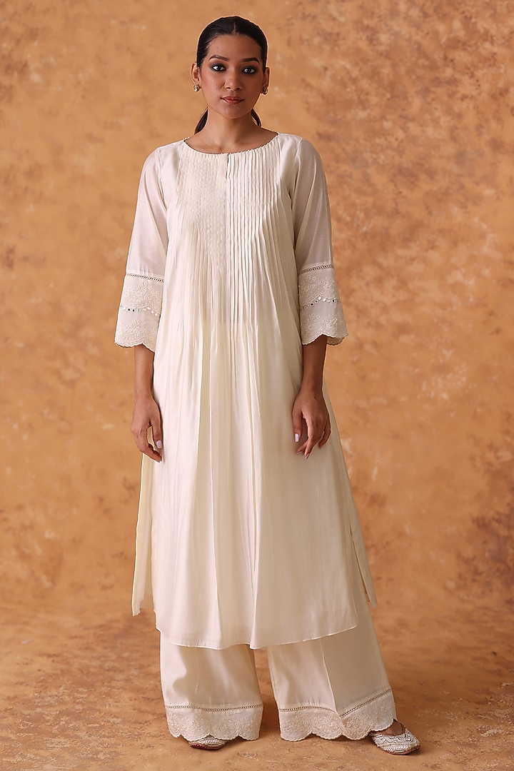 Ivory Chanderi Embroidered Asymmetric Kurta Set by POULI at Pernia's Pop Up Shop