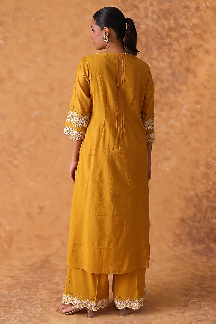 Yellow Chanderi Embroidered Asymmetric Kurta Set by POULI at Pernia's Pop Up Shop