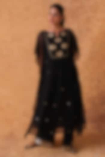 Black Georgette Mirror Embroidered Kaftan Set by POULI at Pernia's Pop Up Shop